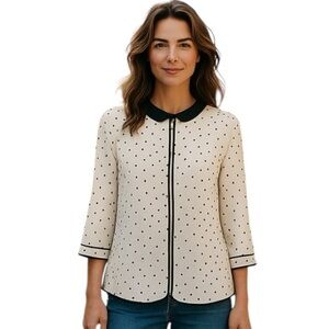 NWT Zara Blouse Cream with Black Polka Dots Size Medium Long Sleeve High Neck